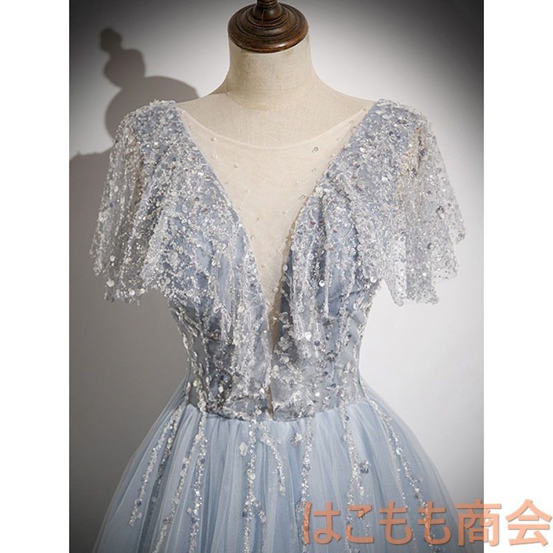 カラードレス ロングドレス パーティードレス 半袖 ブルー  