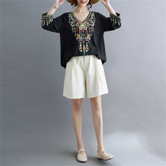 ブラウス七分袖シャツ花柄刺繍Ｔシャツ大きいサイズ レディース綿チュニックスエスニック風ナチュラル森ガール風エレガン上着 卒業式 ln-eg-036-2.jpg