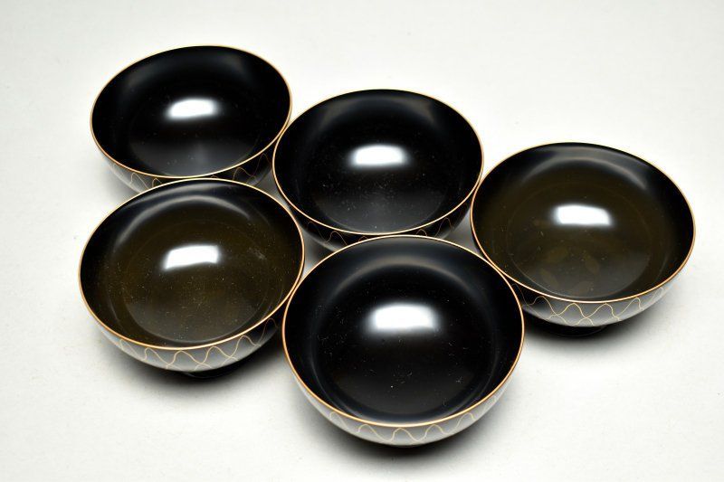 蔵A5572a 輪島塗 濱田屋謹製 網目 吸物椀 汁椀 五客 共箱