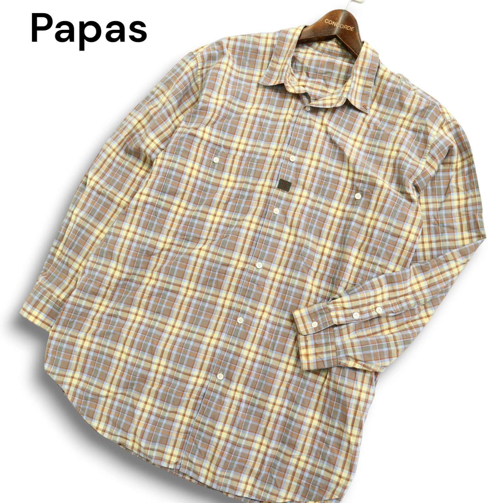 Papas パパス 通年 ゆったり ロゴ刺繍☆ 長袖 チェック シャツ