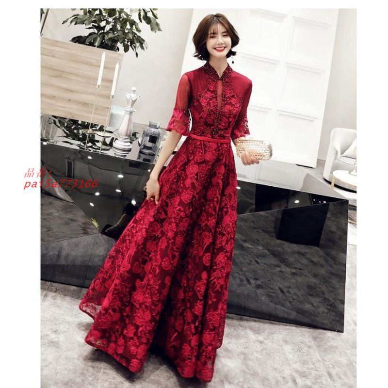 エレ袖あり ロングドレス ウエディングドレス パーティードレス 結婚式 30代40代 上品 食事会 謝恩会 着痩せ 二次会 成人式 披露宴卒業式 お呼ばれ pai5a773166