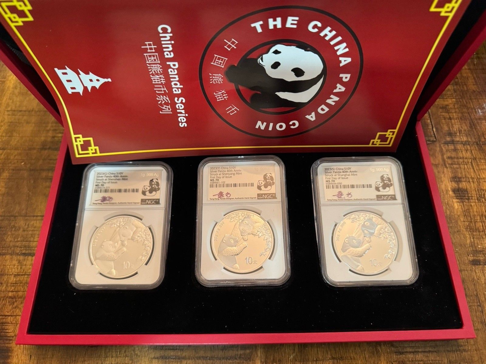 3 pc SET 2025 S G and Y CHINA S10Y 40thANNIV. SILVER PANDA. NGC MS70 FDI.