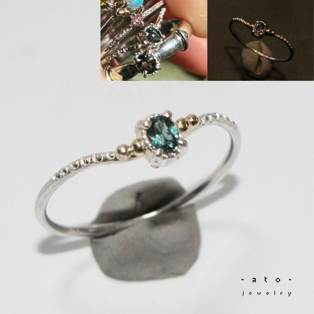 濃いめベキリーブルーグリーンガーネット細身K10粒々ミル打ちシルバーリング約11号