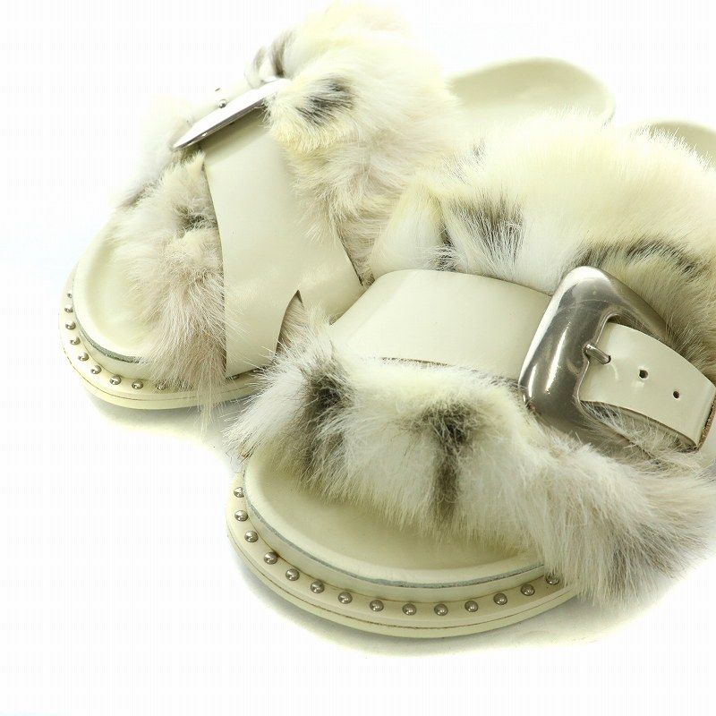 ピッピシック PIPPICHIC バックルベルトエコファーサンダル Backle Belt Eco fur Sandal フラット フェイクファー  レザー 37 24.0cm 白 ホワイト 黒 ブラック /NW27