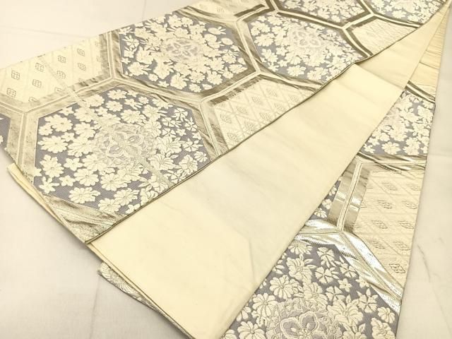 平和屋着物◎六通柄袋帯 唐織 亀甲花文 銀糸 正絹 逸品