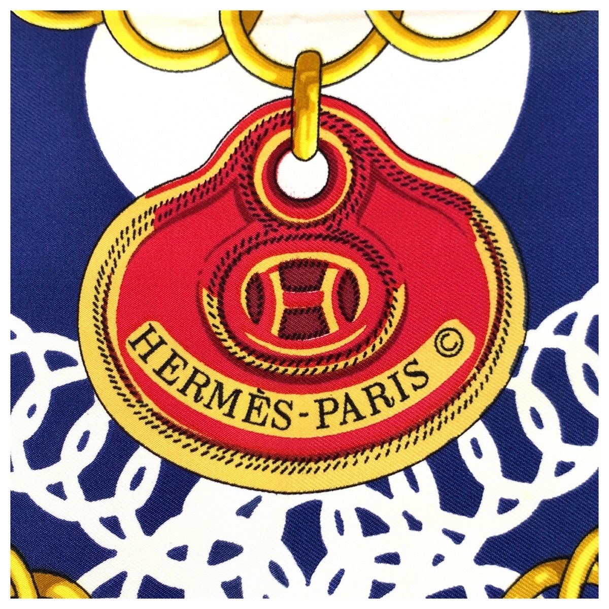 美品 HERMES エルメス MAILLONS カレ90 レッド ネイビー シルク