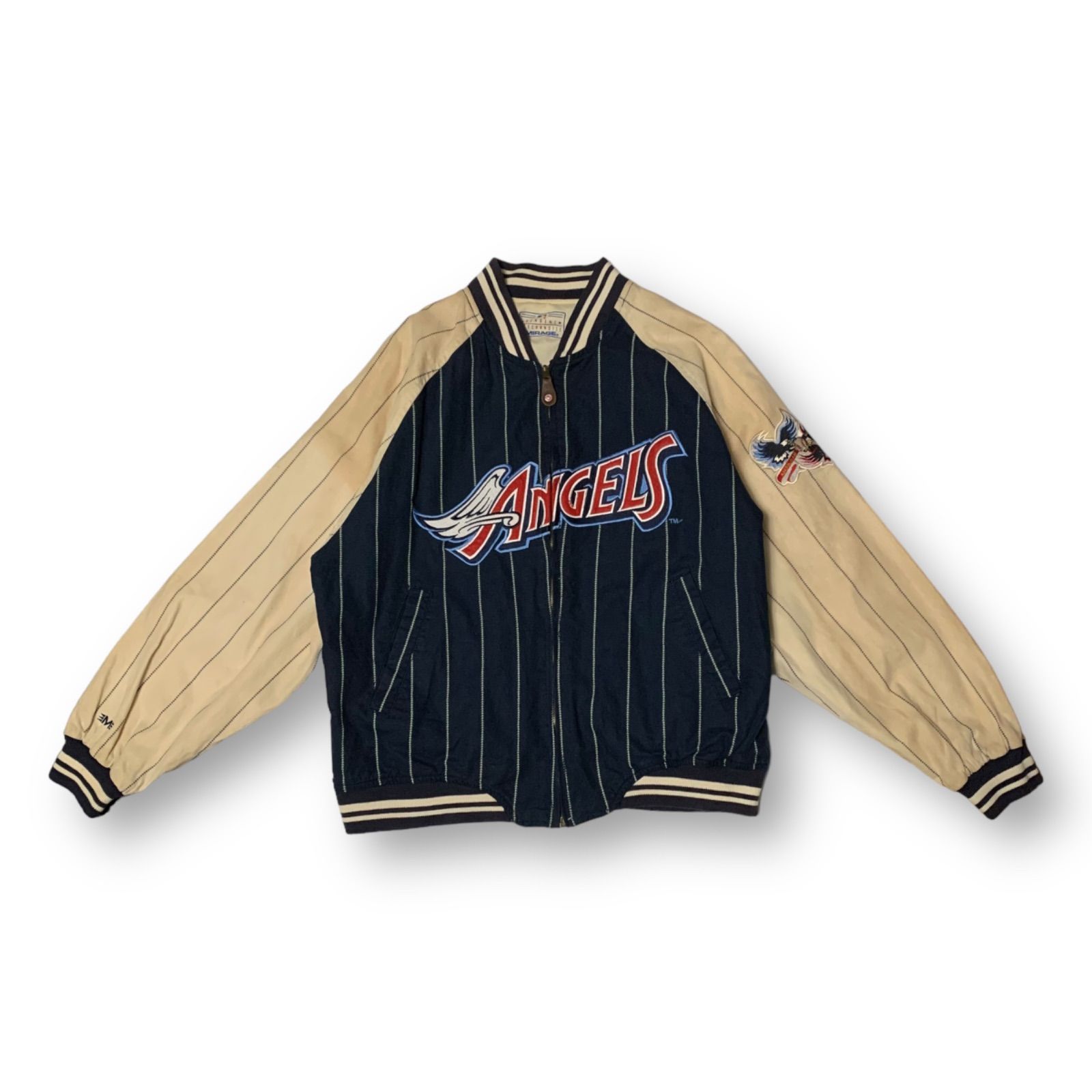 90s MIRAGE “ANAHEIM ANGELS” Reversible Cotton Stadium Jacket ミラージュ アナハイム・エンゼルス コットンスタジアムジャケット スタジャン リバーシブル ネイビー ライトベージュ Lサイズ MLB