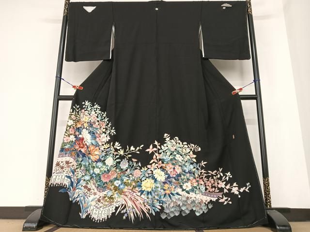 平和屋着物●本加賀友禅作家 寺西次作 黒留袖 草花文 正絹 AABB6491zg