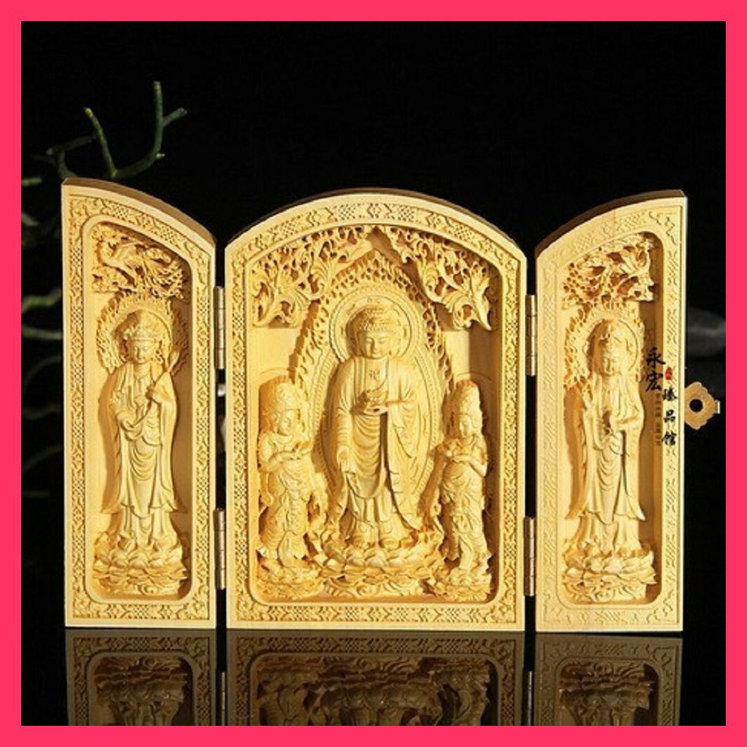 西方三聖 木製 木彫り 柘植彫刻 観音 木彫 縁起物 風水 置物 柘植  西方三聖仏教における仏像安置形 売れ筋おすすめ おしゃれ　人気 20191129-1