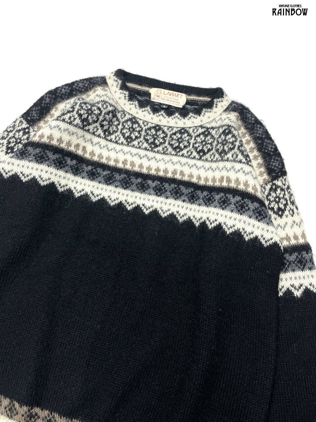 古着 総柄 ノルディック柄 アルパカ ピュアウール100％ 長袖 ニット セーター 黒 ttu 2509011