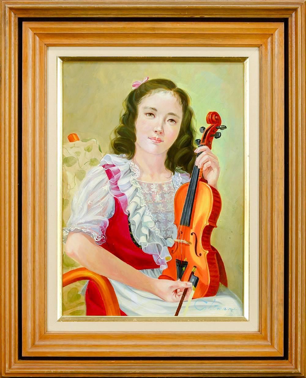 真作 WISH 島根清 バイオリンを抱く少女 油彩 4号 一枚の絵取扱作品 優しい旋律を奏でる少女像 〇元光陽会評議員 25093290