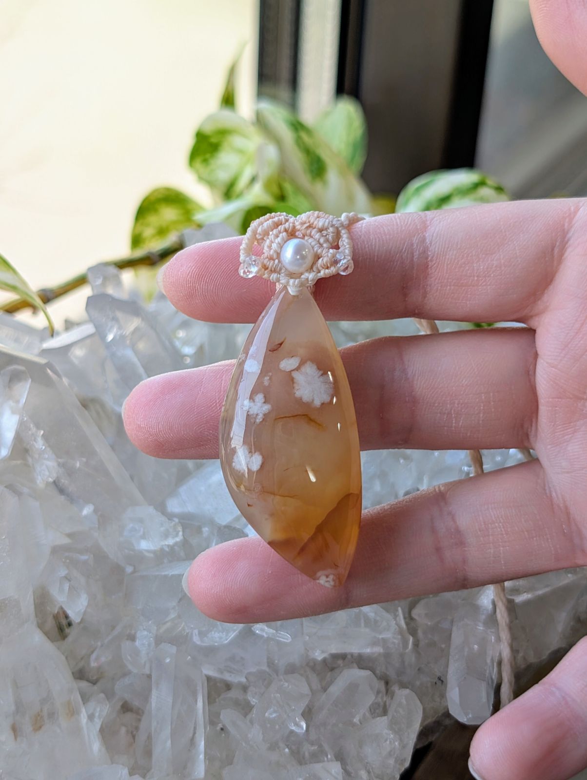 ☆チェリーブロッサムアゲート・桜瑪瑙☆マクラメ編みネックレス C 306