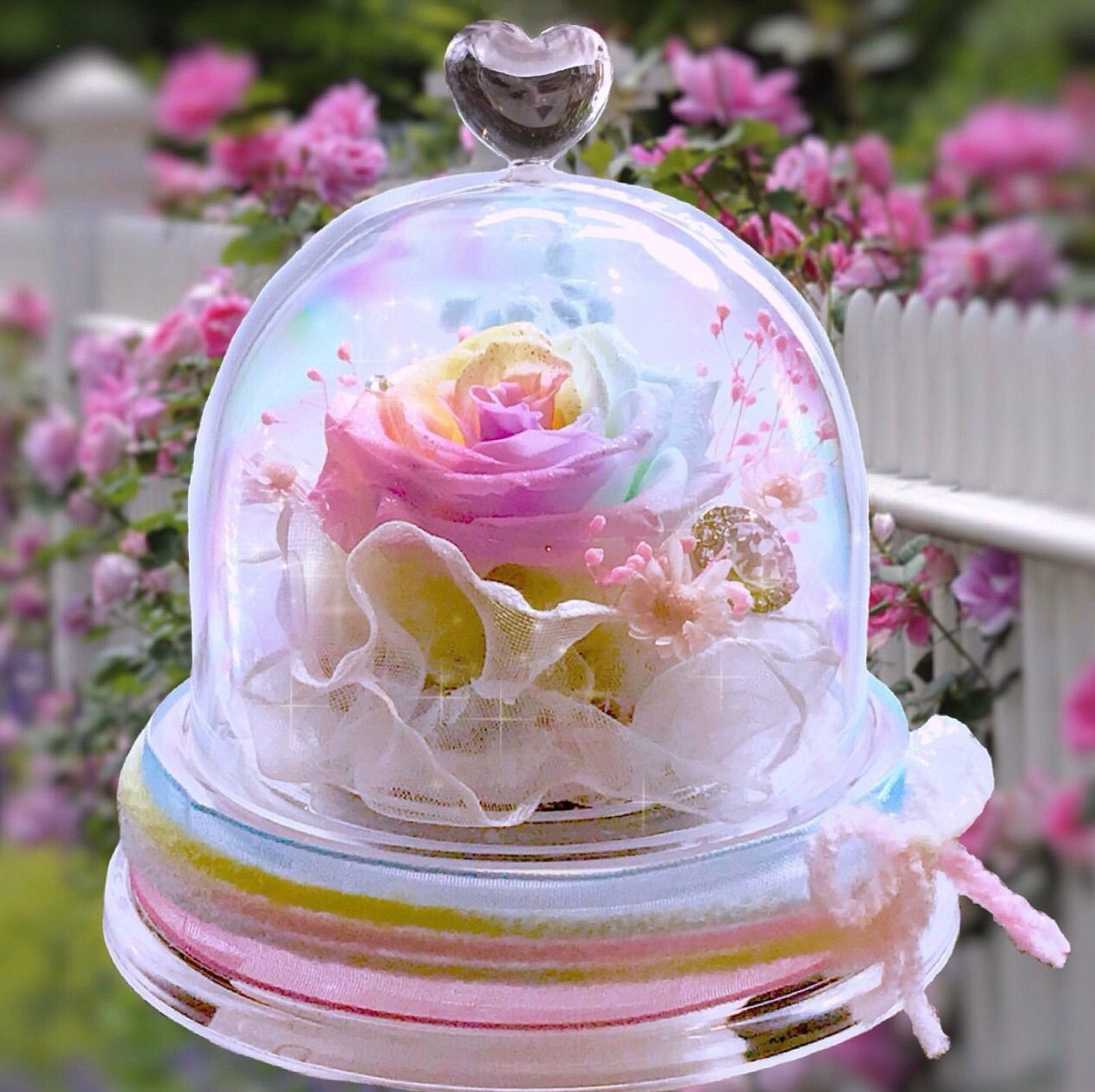 【高級プリザーブドフラワー】大輪パステルレインボーローズ 　ガラスドーム 楽天ランキング1位】 パステルレインボーローズガラスドーム