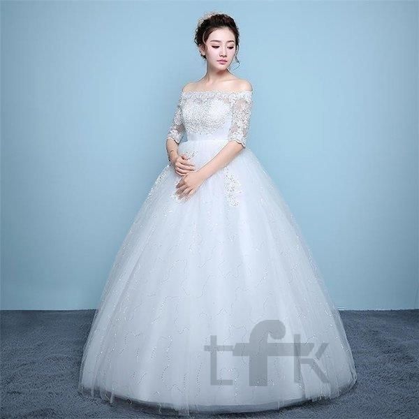 ウエディングドレス安いaライン白袖あり編み上げレース花嫁結婚式ハイウエストマタニティ用パーティードレス二次会ロング丈イブニングドレ
