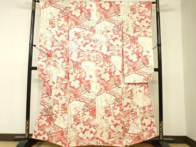 振り袖 南蛮船風景文 手描き 金彩 アンティーク 振袖 身丈159cm 裄丈63.5cm S 袷 鶴 菊 金糸 金彩 朱色 正絹 美