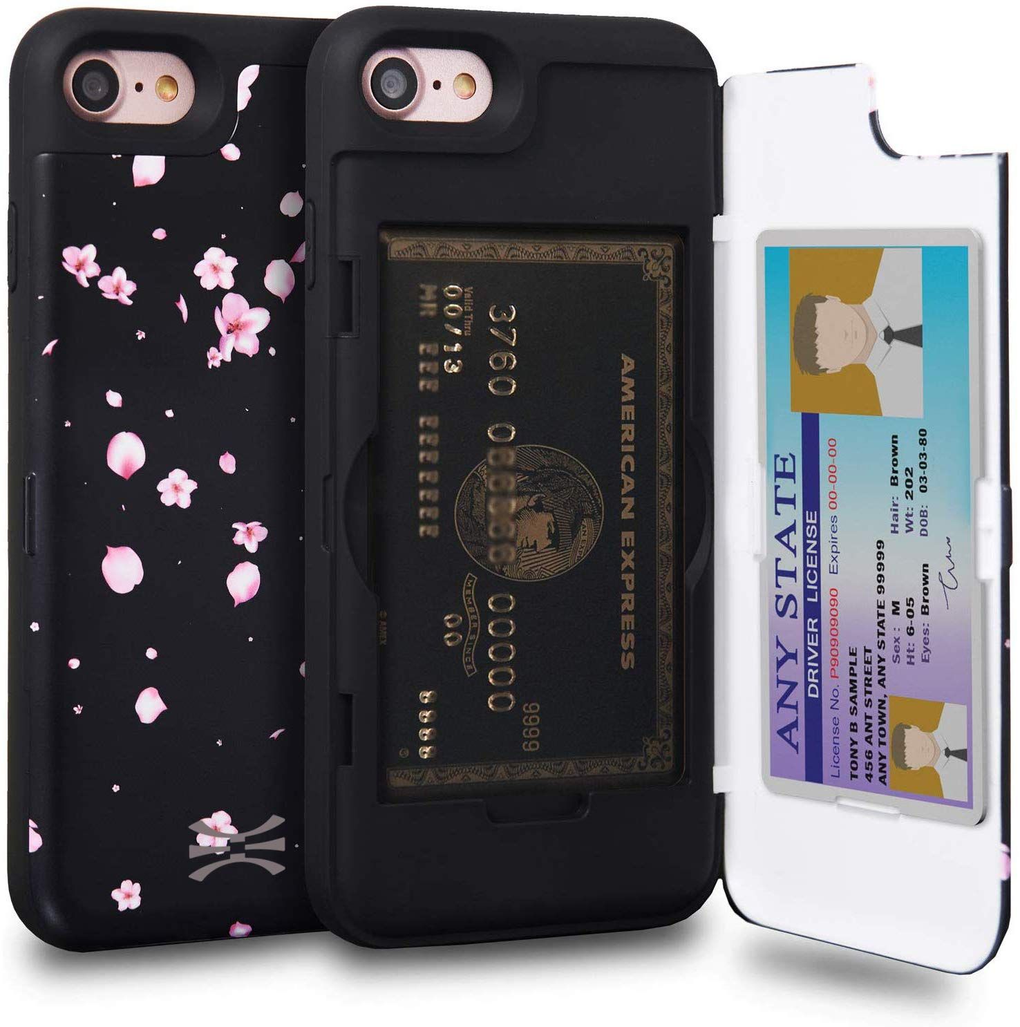 【在庫セール】TORU CX PRO iPhone SE3 2022 ケース カード ブルー収納背面 2枚 IC Suicaカード入れ カバ― ミラー付き (アイフォン SE2 2020 / アイフォン8 / アイフォン7用) - さくらの花