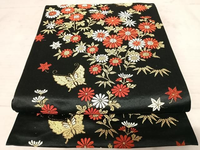 モダンな京袋帯　正絹　美品 平和屋着物◎六通柄袋帯 唐織 草花風景文 金銀糸 正絹 逸品