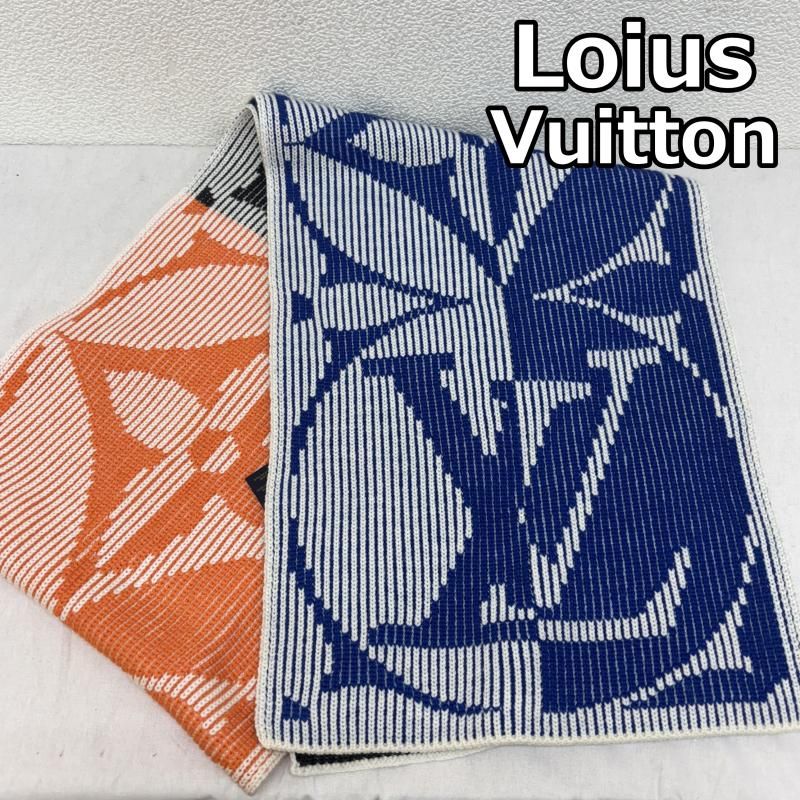 LOUIS VUITTON ルイヴィトン マフラー M78005 エシャルプ リブ フラワー ロゴ 総柄 リブニット ウール マフラー イタリア製 青 橙 黒 ブルー オレンジ ブラック