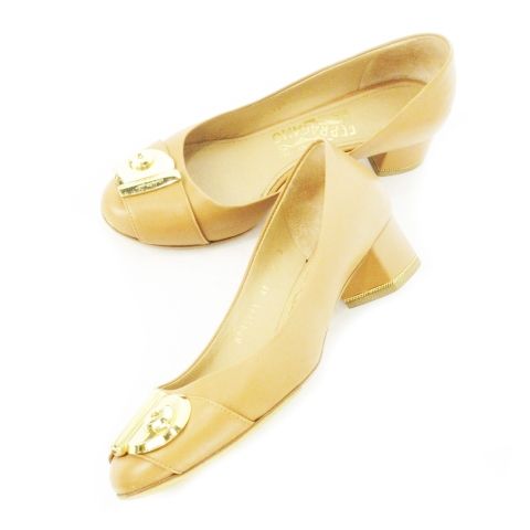 サルヴァトーレフェラガモ Salvatore Ferragamo パンプス ローヒール ラウンドトゥ レザー 革 ロックデザインバックル ゴールド金具 ロゴ 5.5 22.5cm 茶 ブラウン |CK19 GY18