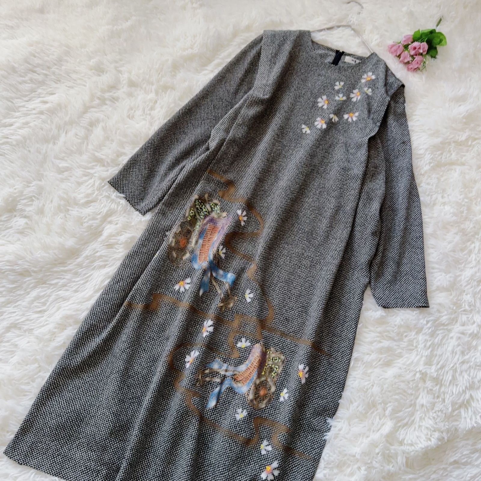 日本製 marufuli mf 丸藤 マルフジ 和柄 着物 ちりめん 和柄ロングワンピース 着物ワンピース お洒落 黒白 フォーマルワンピース 結婚式