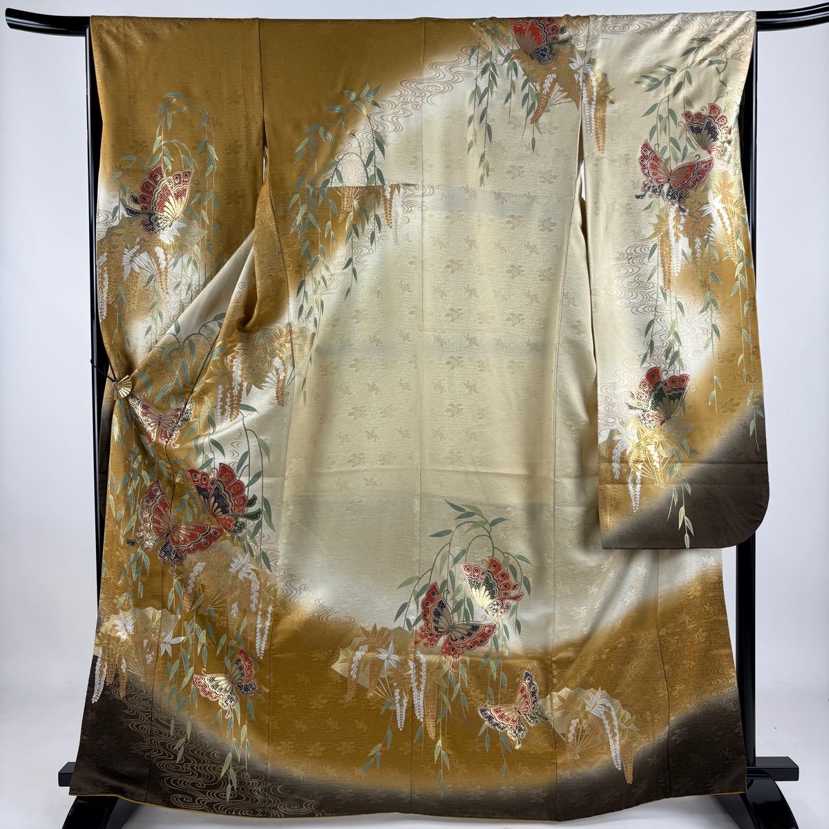 振袖 身丈164cm 裄丈66cm M 袷 蝶 柳 金銀彩 染め分け 山吹茶色 正絹 秀品