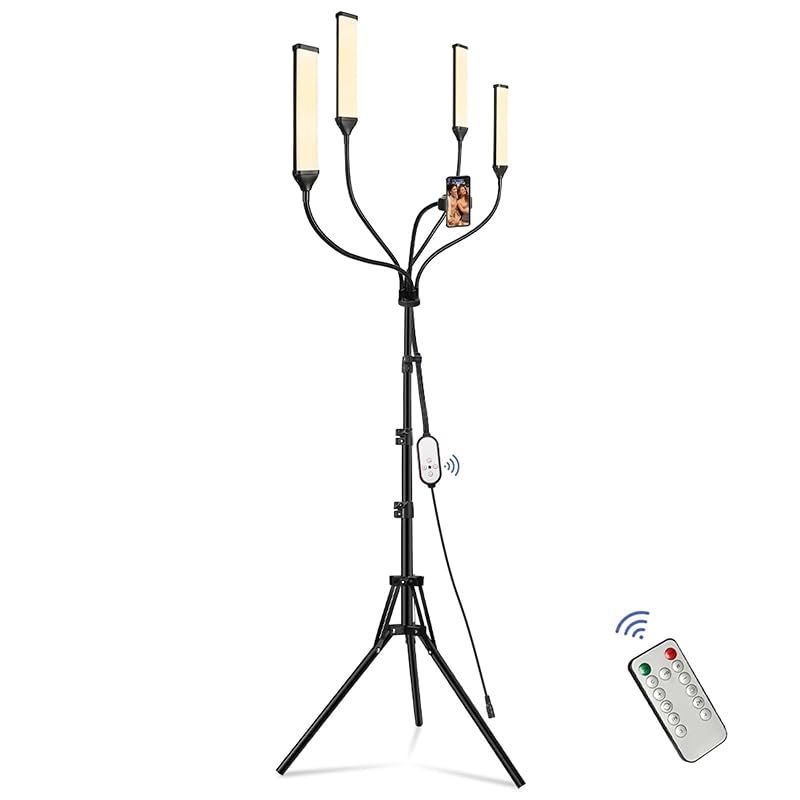 写真撮影用4アームLEDライト 撮影用ライト 照明ライト ビデオライト 60 120cm三脚スタンド 2800K-6500K 10段階輝度調整 スマホホルダー リモコン付き ライブ配信 メイク タトゥー施術用 4アームLEDライト