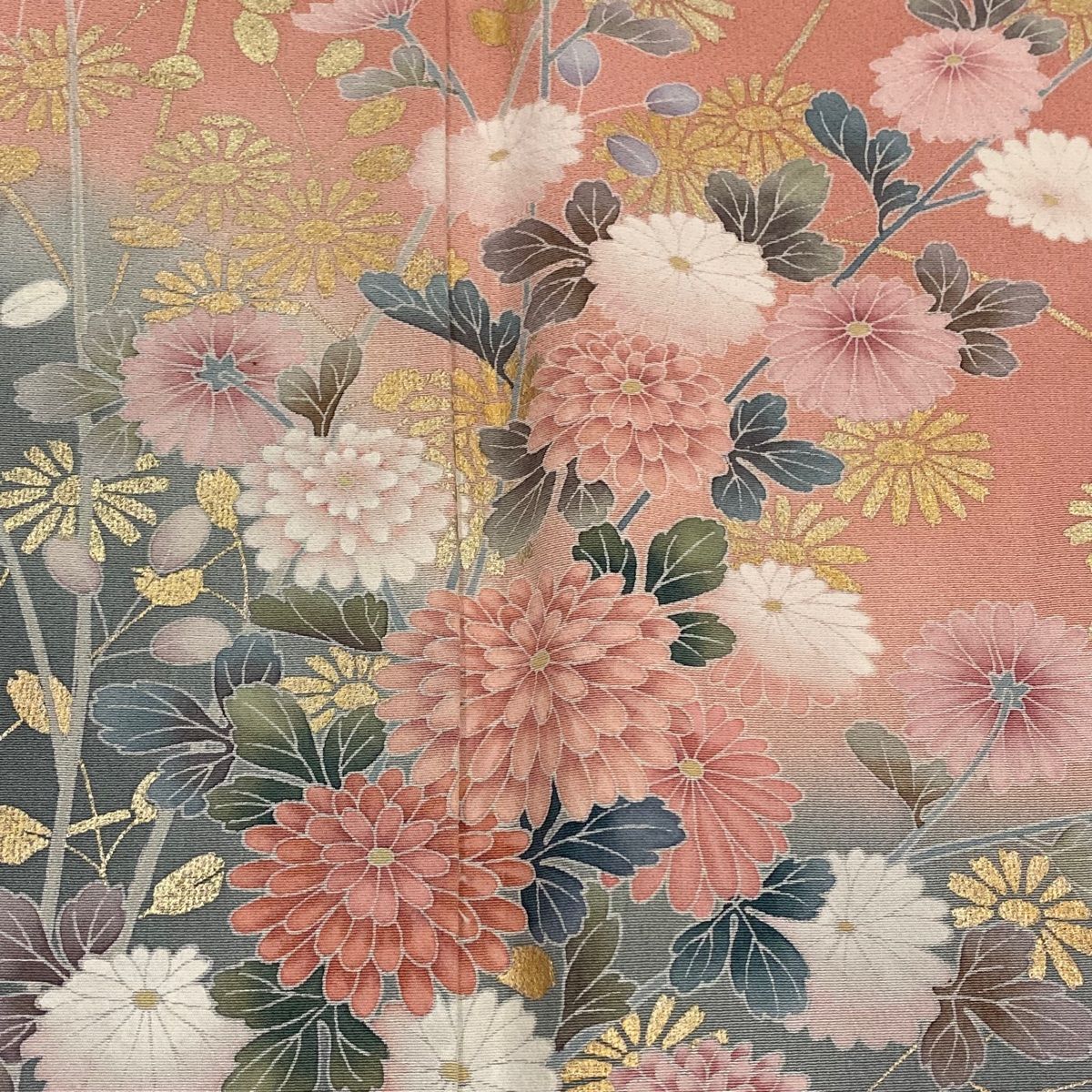 訪問着 身丈166cm 裄丈66cm M 袷 落款 菊 萩 金彩 染め分け 薄オレンジ