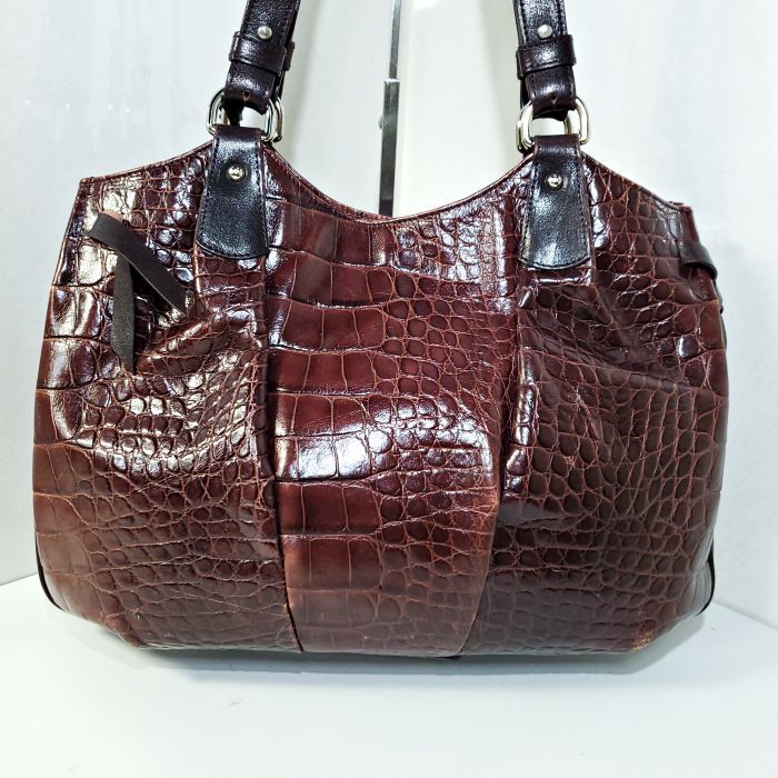 FURLA クロコダイル 型押し レザートートバッグ Fロゴ ブラウン 本革 フルラ FURLA FURLA クロコ型押し エキゾチック レザー クロコダイル
