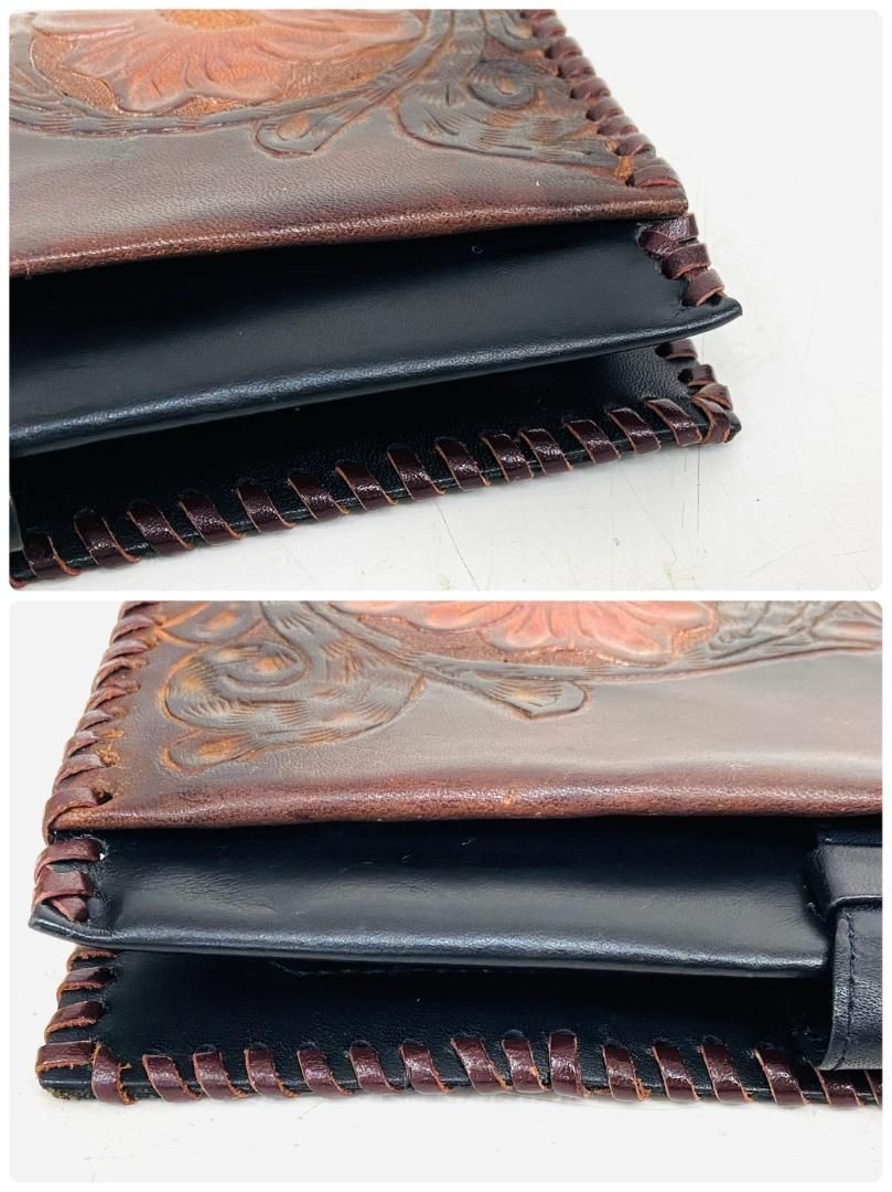 アンティーク 革財布 長財布 型押し 牡丹 巻きかがり 本革 レザー 工芸品 アンティーク 革財布 長財布 型押し 牡丹 巻きかがり 本革