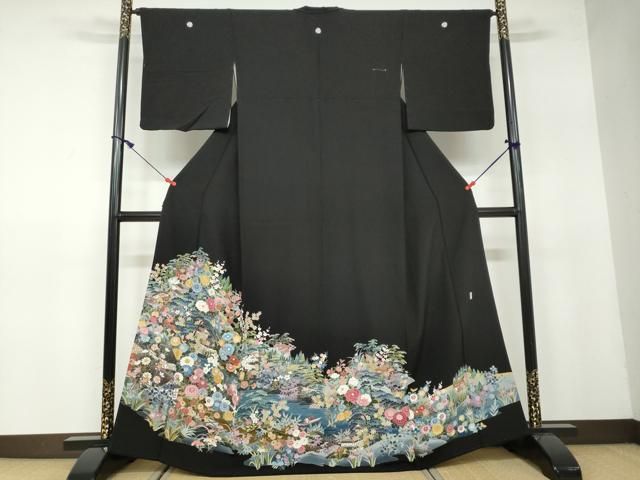 平和屋着物○豪華黒留袖 友禅 作家物 流水風景草花文 正絹 逸品