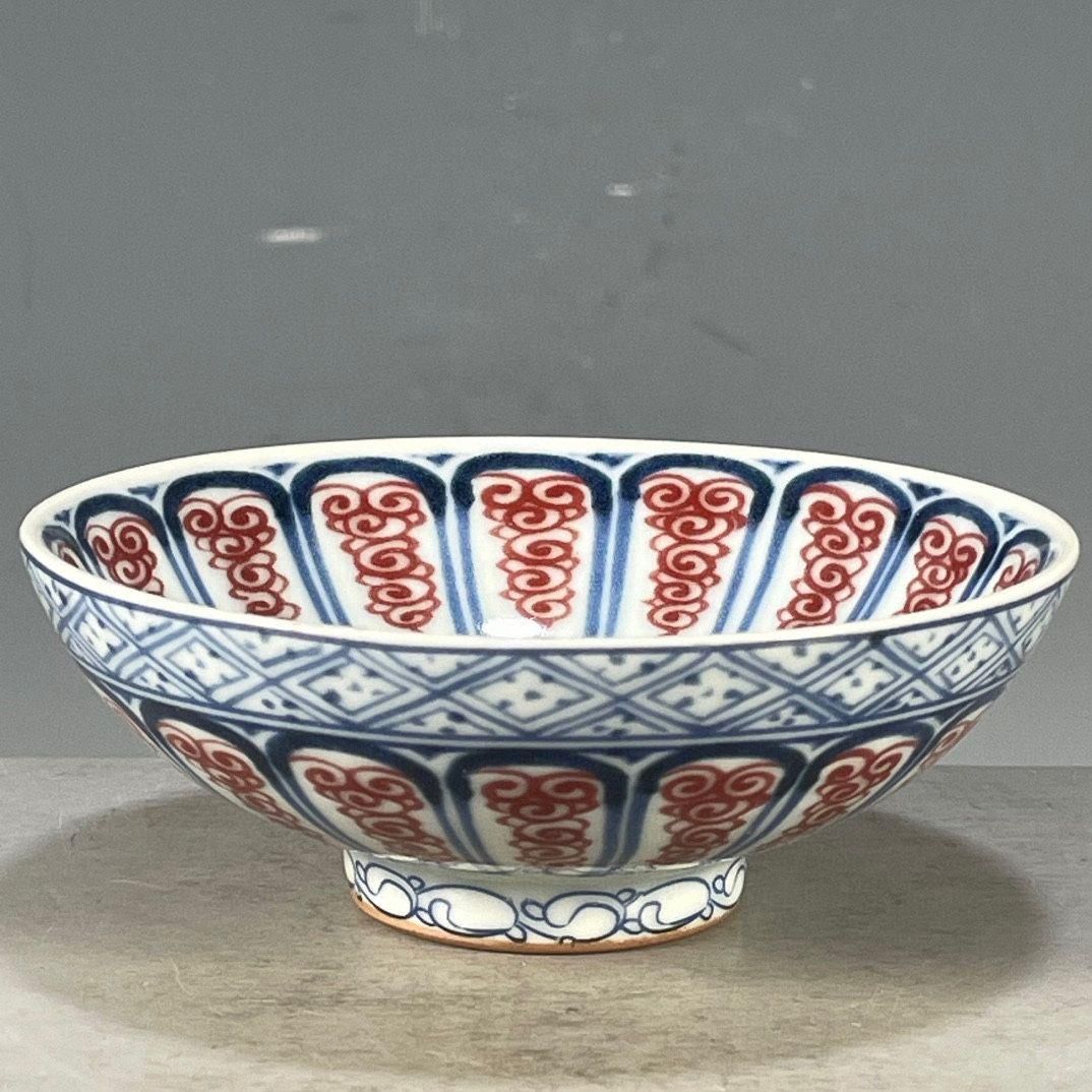 藍花釉里紅博古花紋碗 景徳鎮 陶磁器 装飾品 現代工芸品 美術品