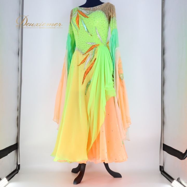 社交ダンス 衣装 白樺ドレス ドレス ドレス ワンピース フロート デモ 競技 ダンス パーティ 発表会 黄緑 オレンジ 蛍光 レース グリーン系 オレンジ系 フロア映え ドレスアップ 感 コスチューム ステージ衣装 LLC-HASEGAWATOSO_COM