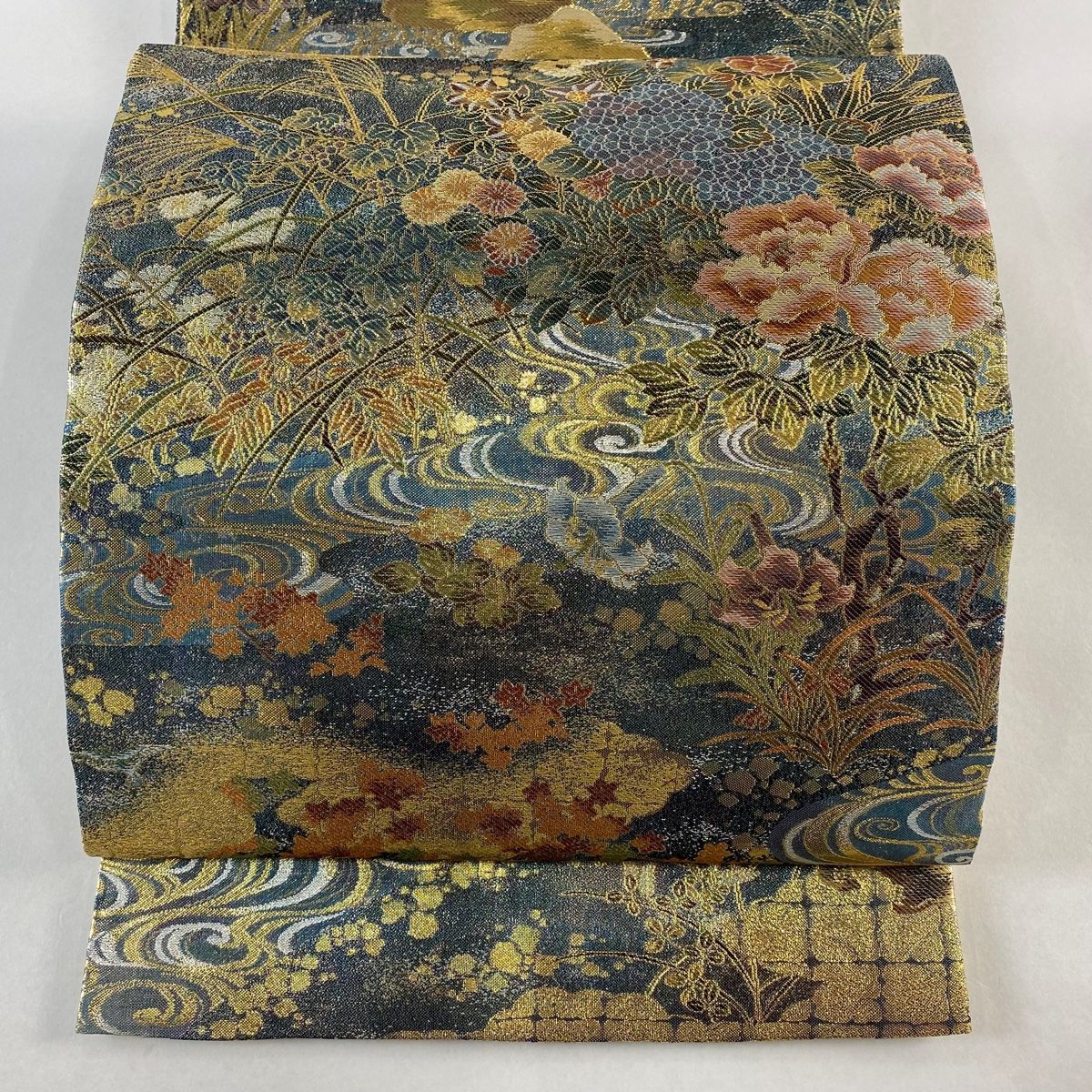 丸帯 リバーシブル 草花 流水 箔 青緑 お太鼓柄 正絹