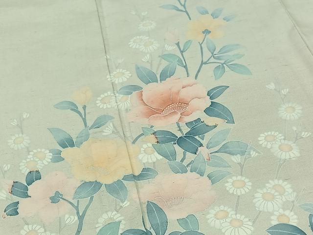 平和屋着物▽訪問着 単衣 紬地 手描き 枝花文 正絹 逸品