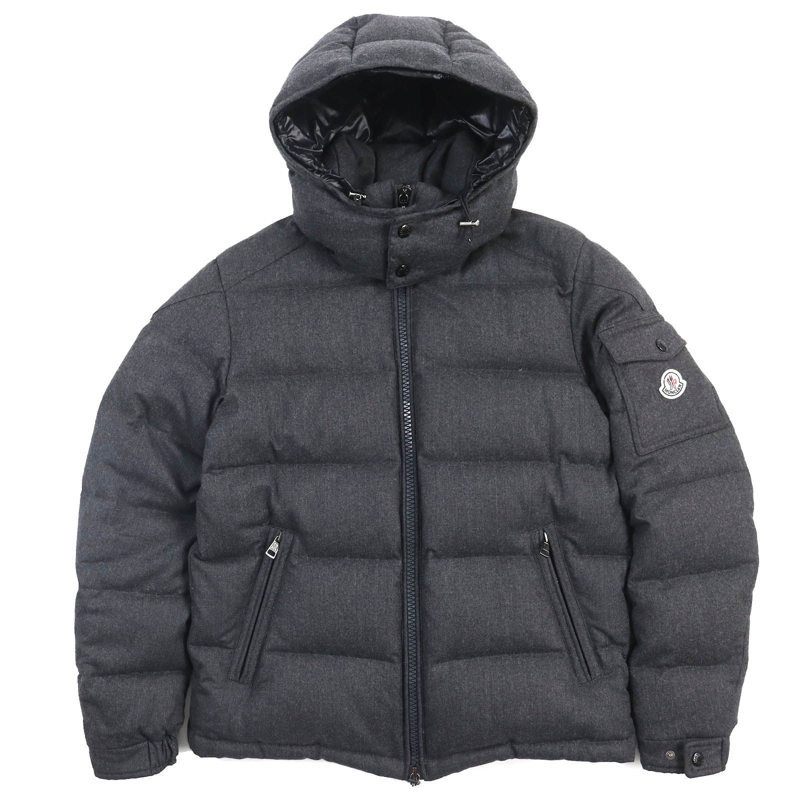 美品MONCLER モンクレール MONTGENEVRE モンジュネーブル ロゴワッペン・フード付き ウールダウンジャケット チャコールグレー 1 正規品 メンズ