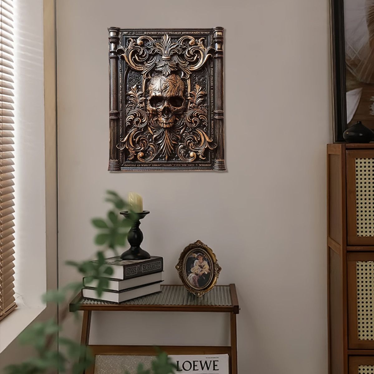 手彫り スカル木彫り 壁掛けアート 3D立体効果 ビンテージ風 ホームデコレーション 玄関装飾 クリスマス ハロウィンギフトに最適 40.64cm