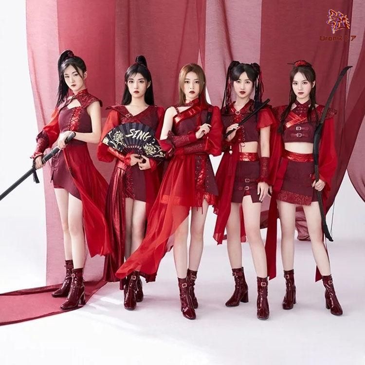 職人製作 大人 ダンス衣装 セットアップ 赤系 漢服 チャイナ風 古典風 中華 ジャズ k pop 上下 ダンスウェア JAZZ おしゃれ 演出服 発表