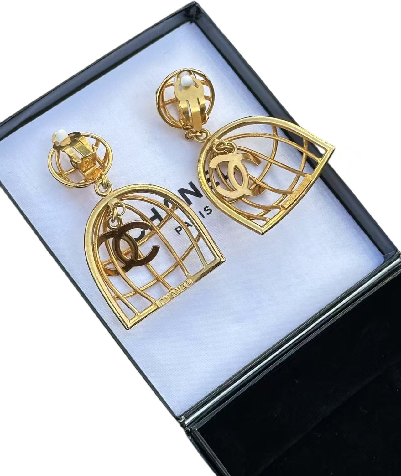 ◆シャネルCHANELヴィンテージVintageCOCOマークぶら下がり鳥籠カゴイヤリングピアス耳飾りゴールド