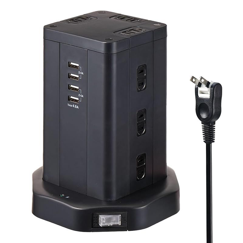 超激得，大人気 エルパ（ELPA） タワー型 電源タップ 12個口 USB×4 マグネット付 ブレーカー内蔵集中スイッチ付 WBS-TW1204USB(BK) 0 電源アダプター・充電器