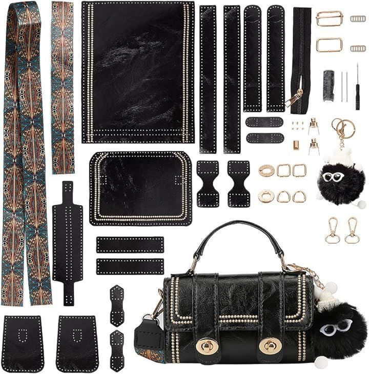 WADORN PUレザークロスボディバッグ作成キット Diy ニットかぎ針編みショルダーバッグ作成材料 レザーハンドバッグ縫製キット 手作り財布作成アクセサリー 19x10x7cm 黒