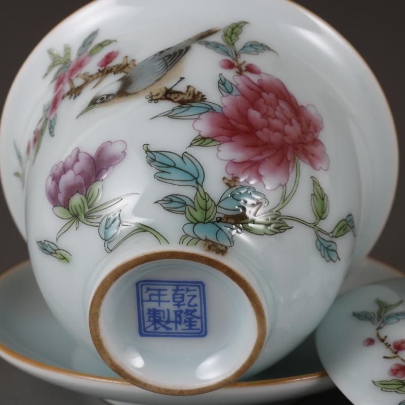 パステル鳥語花香紋三才蓋碗 中国茶器 景徳? 蓋付き茶器 飲茶
