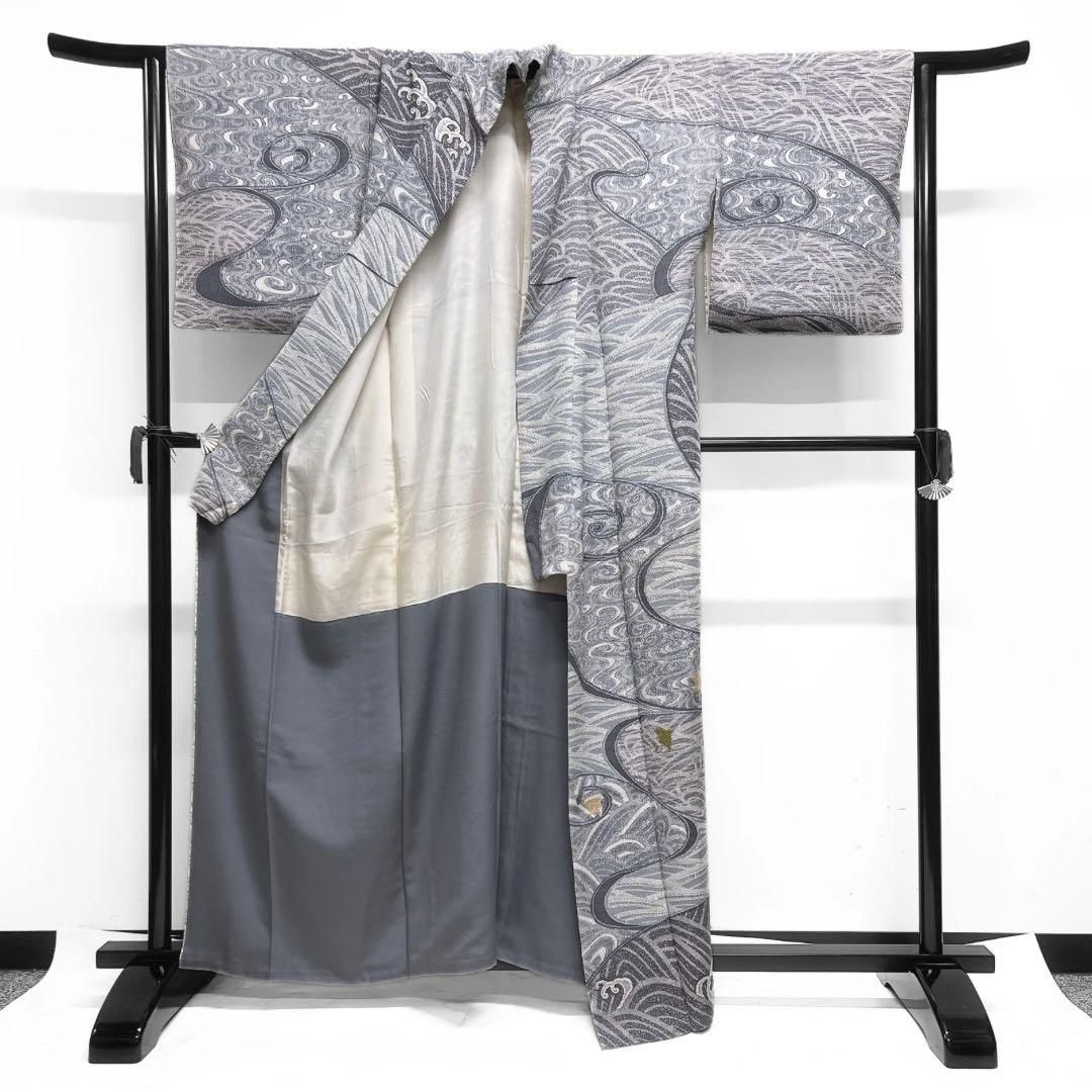 作家もの 伊と幸 訪問着 刺繍 千鳥 流水 波 寒色カラー 着物 103 d  