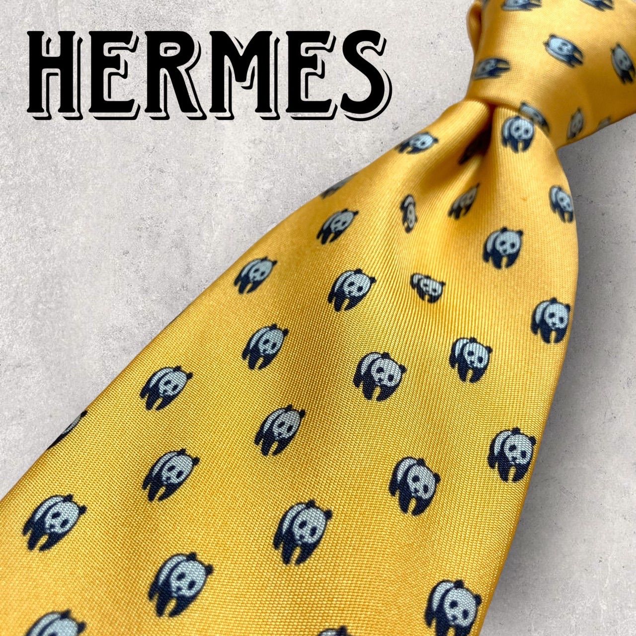 【美品】HERMES エルメス ネクタイ イエロー ブルー 総柄 動物 アニマル HERMES エルメス ネクタイ アニマル柄 9.5cm シルク イエロー