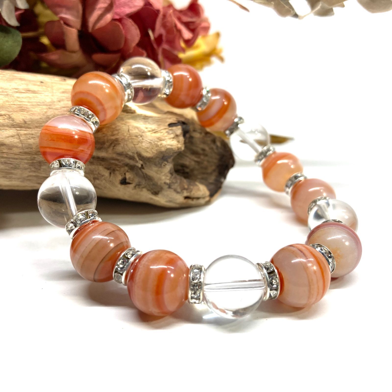 サードニクス&水晶 パワーストーン ブレスレット 12mm （シルバー）メンズ・レディース　男性・女性　数珠ブレス　開運  [1]