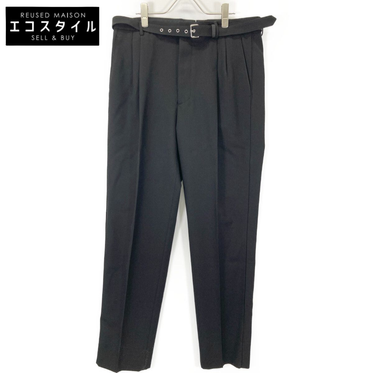 PRADA プラダ 23年 UPO244 ﾌﾞﾗｯｸ ﾍﾞﾙﾄ付きﾎﾞﾀﾝﾌﾗｲﾊﾟﾝﾂ 48