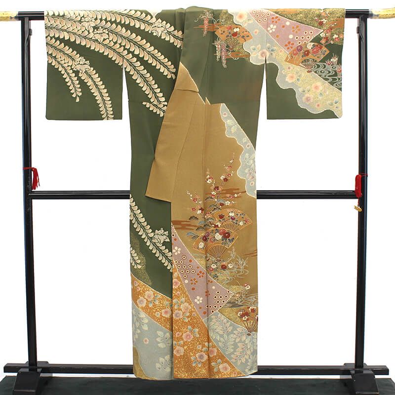 付下げ 慶彩小袖 袷 レディース 正絹 灰緑 ベージュ 熨斗文 古典柄 扇文 身丈158.5cm 裄丈66cm 式典 結婚式 パーティ Mサイズ相当