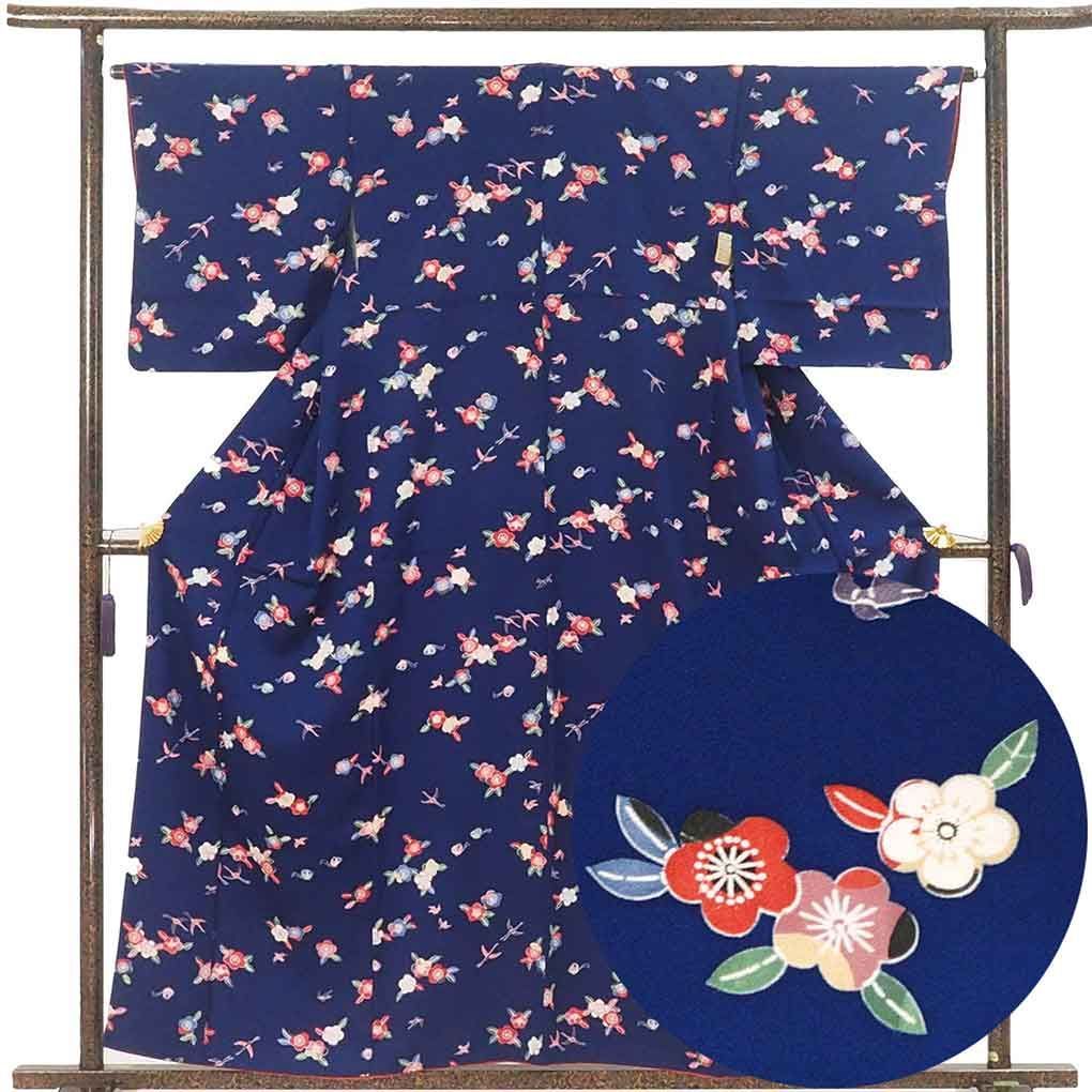 小紋 身丈158cm 裄65cm 前幅26cm 後幅28cm 袖丈48cm 袖幅34cm レディース 袷 花柄 裄Mサイズ 秋冬春用 正絹 シルク ネイビー やや難 リメイク リユース リサイクル 呉服のきくや