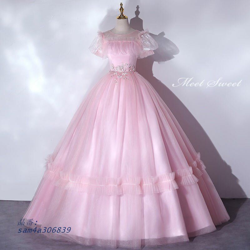 パーティードレス プリンセスラインドレス ピンク カラードレス 結婚式 成人式 イブニングドレス コンクール コンサート パフスリーブ 演奏会 お誕生日 発表会 am4a306839