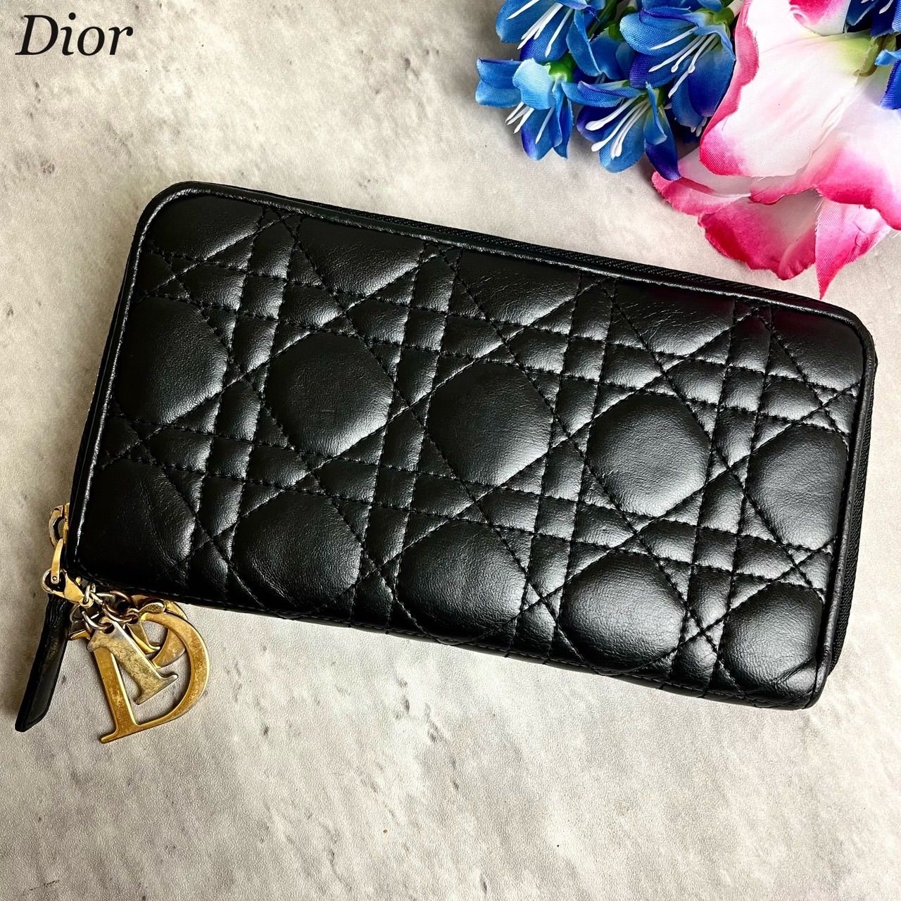 ✨良品✨ Christian Dior クリスチャンディオール レディディオール 長財布 ラウンドファスナー カナージュ ゴールド金具 ウォレット  カードケース 小銭入れ ラムレザー レディース ブラック黒色 - メルカリ