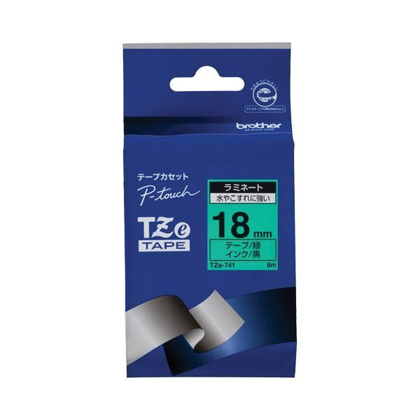 (まとめ) ブラザー BROTHER ピータッチ TZeテープ ラミネートテープ 18mm 緑／黒文字 TZE-741 1個  